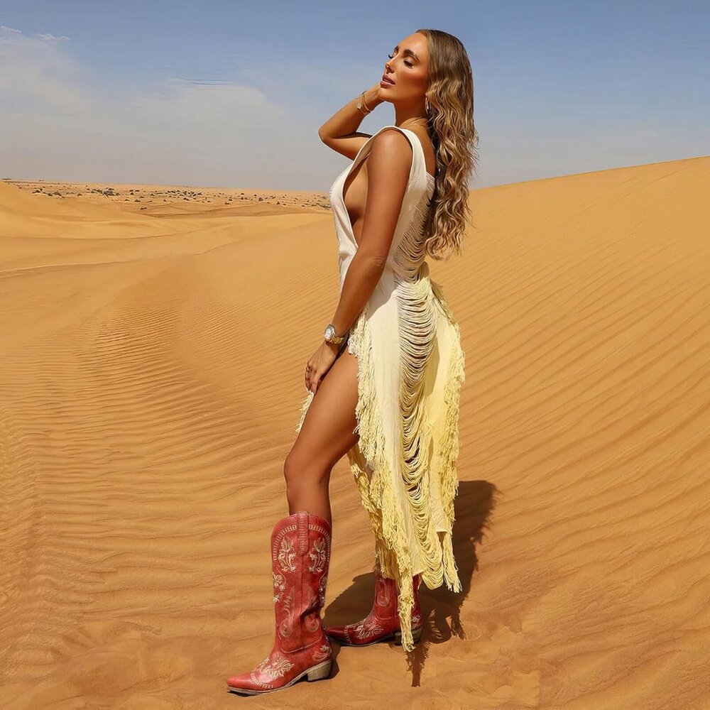 🆕Womens Red Faux Leather Knee High Cowboy Chunky Heel Tall Western Boots - Picture 6 of 8